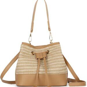 Straw Drawstring Shoulder Bag Bucket Bag for Women Summer Handwoven Beach Vacati